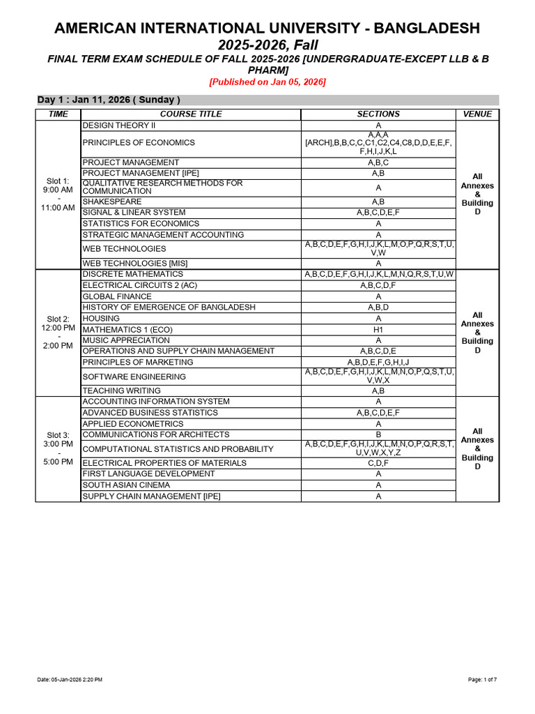 Final Term Exam Schedule of Fall 2025 2026 (Undergraduate Except LLB ...