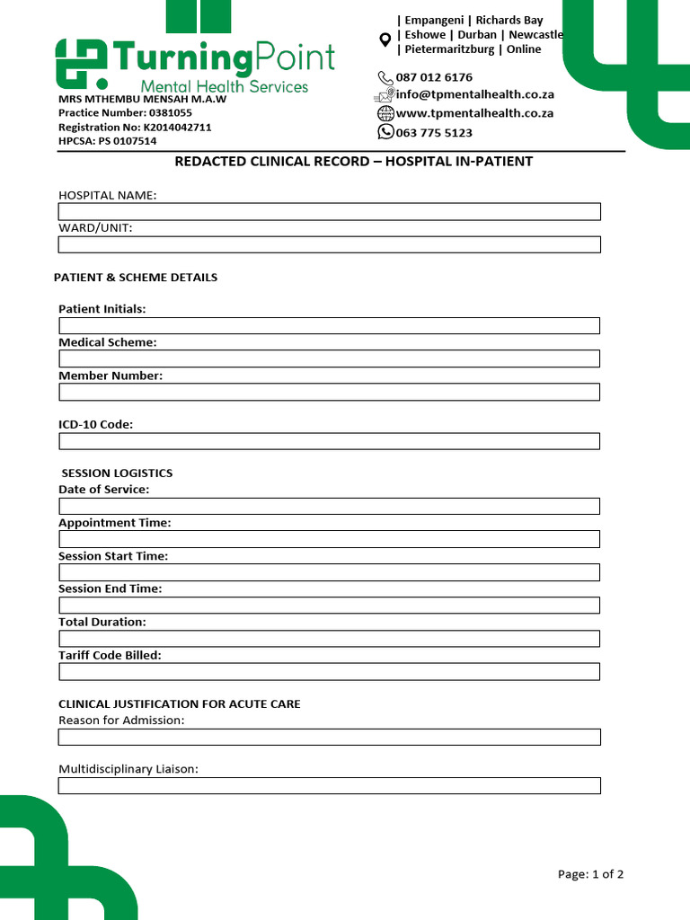 Redacted Clinical Record - Hospital In-Patient | PDF
