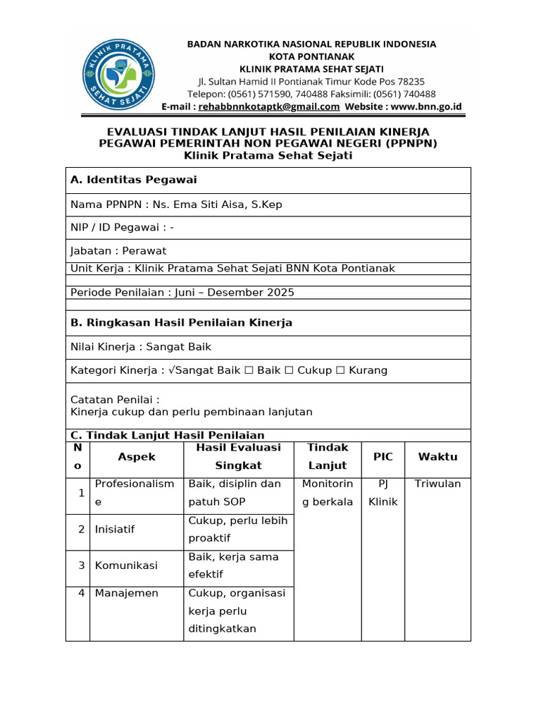 Form Tindak Lanjut Hasil Penilaian Kinerja PPNPN | PDF