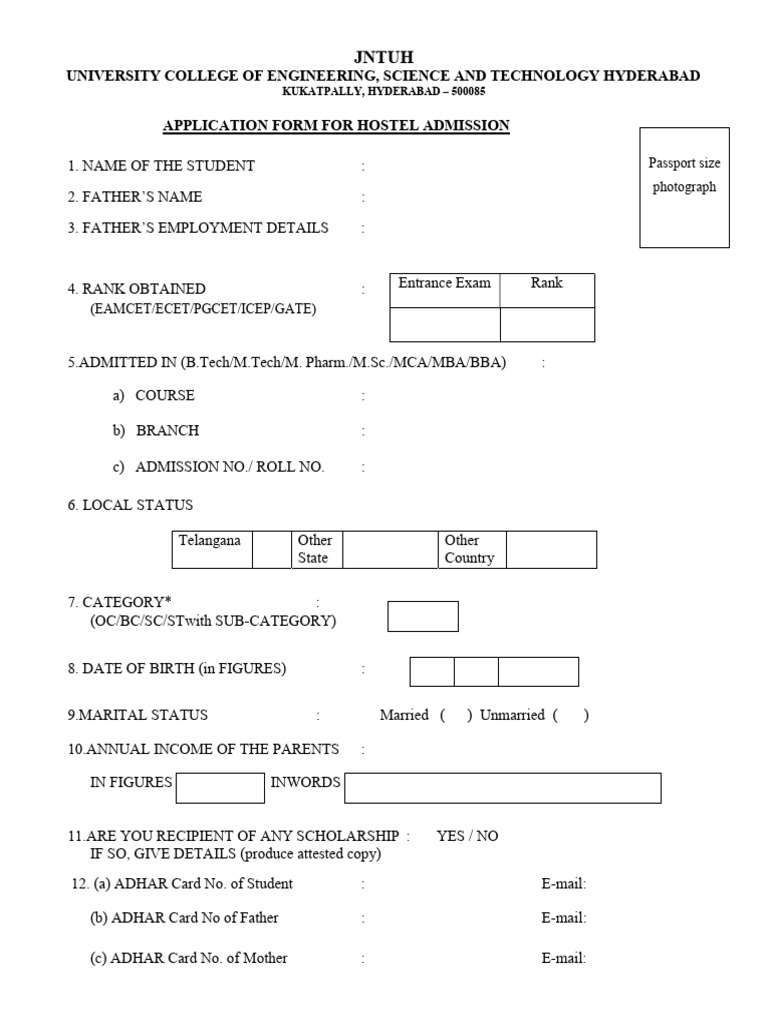 253 - Application Form For Hostel Admission | PDF