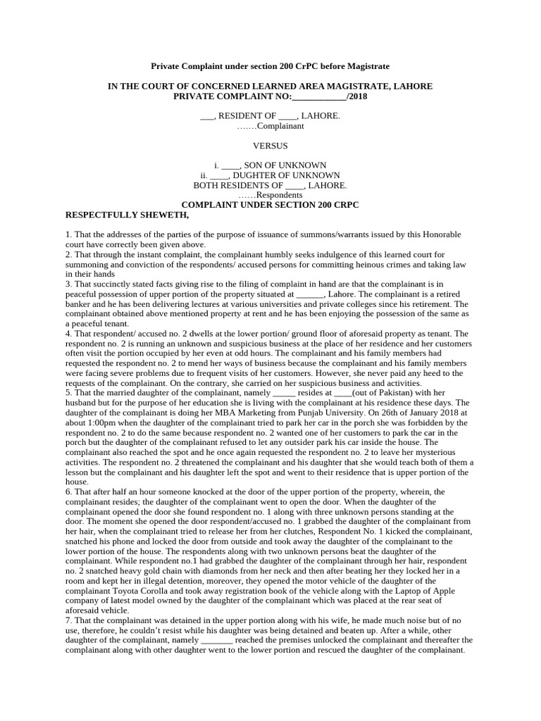 Private Complaint Under Section 200 CRPC Before Magistrate | PDF ...