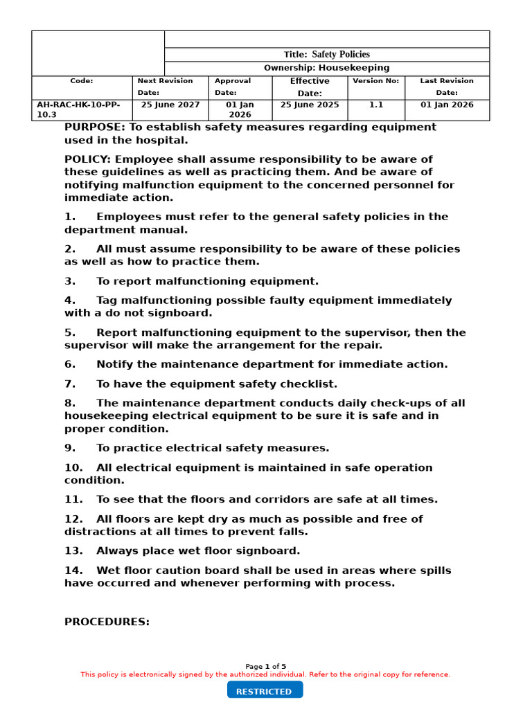 Ah Rac Hk 10 Pp 10.3 Safety Policies | PDF | Ladder | Housekeeping