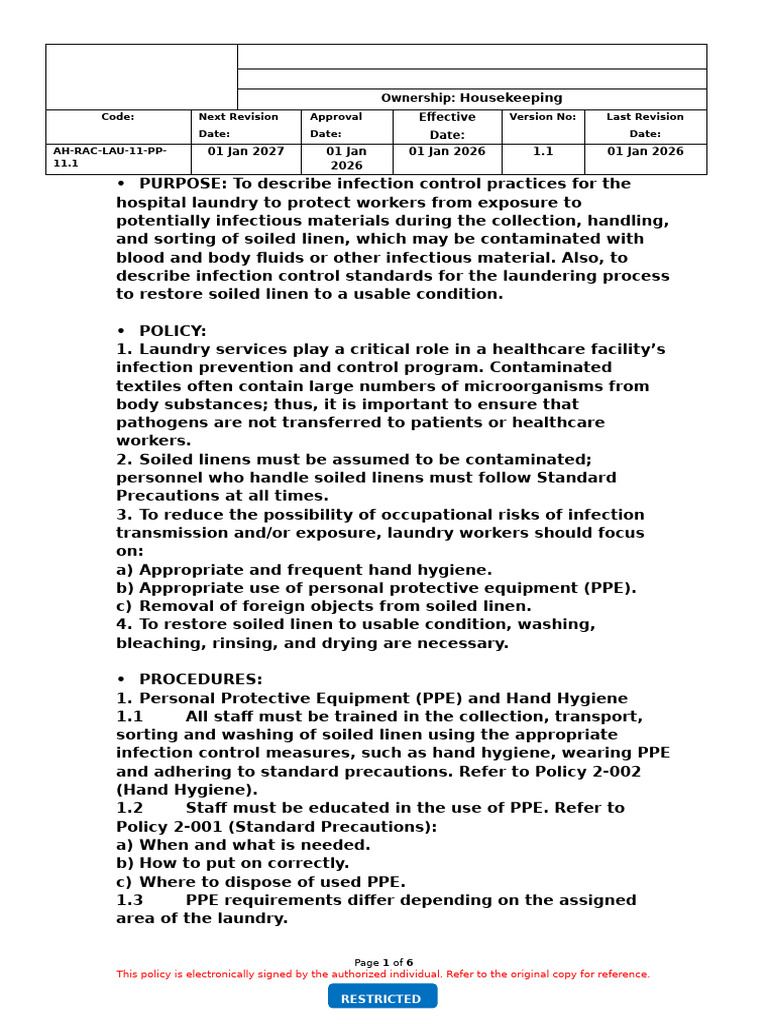 Ah Rac Lau 11 PP 11.1 Safe Management of Laundry | PDF | Hygiene | Linens