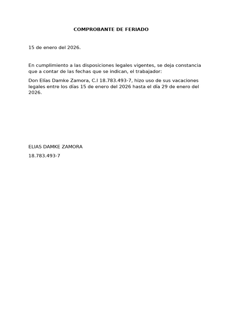 Comprobante de Feriado Elias Damke | PDF