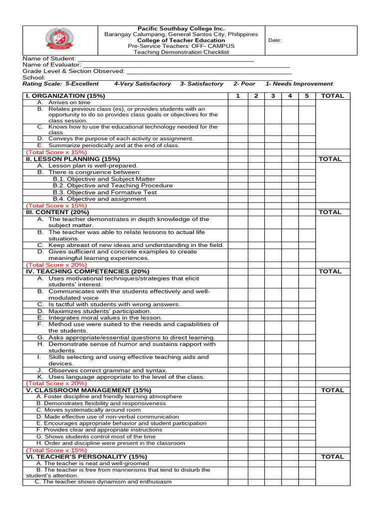 OFF Campus Evaluation Checklist 1 | PDF | Teachers | Classroom Management