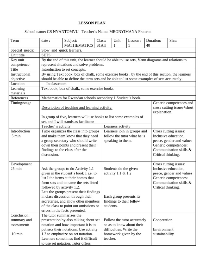 Mathematics Lesson Plan S1-S3 | PDF | Learning | Lesson Plan