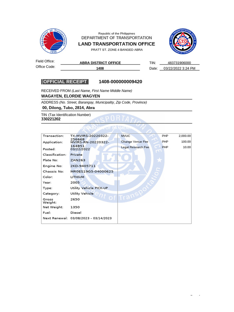 Official Receipt Land Transportation Office | PDF | Transport | Payments