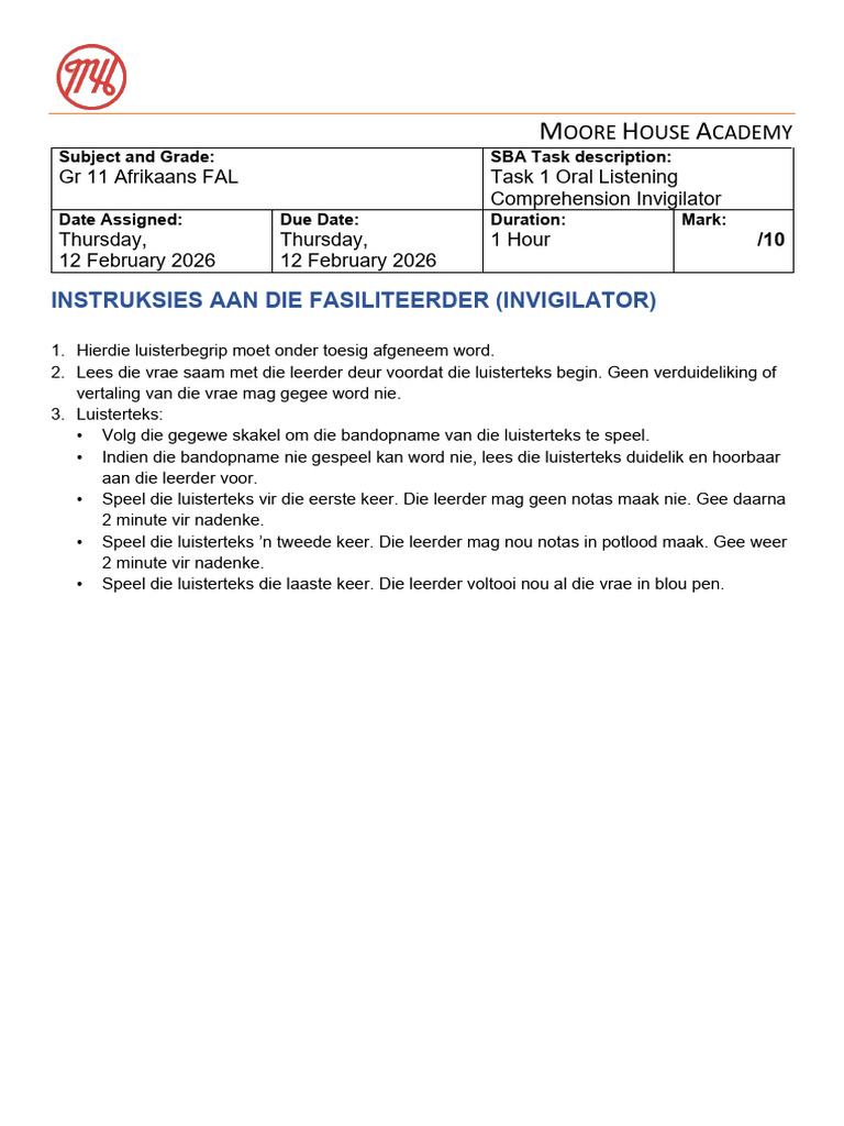 AFR 11 Task 1 Oral Listening Comprehension Invigilator Final | PDF