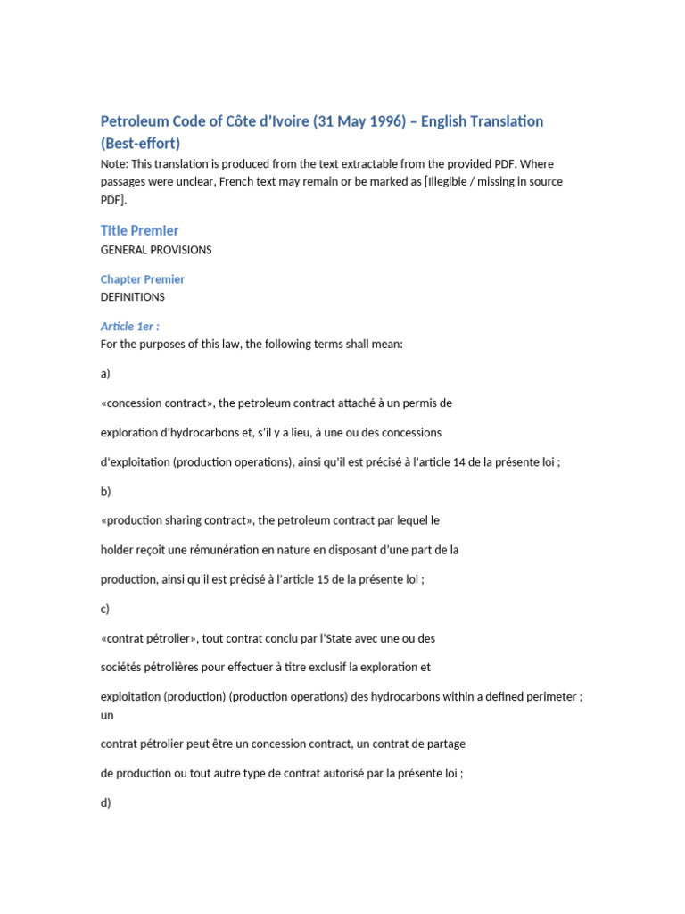 Petroleum Code Cote DIvoire English Translation | PDF | Transport ...