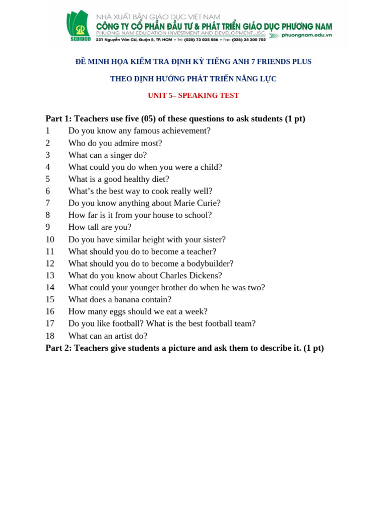 Tiếng Anh 7 Friends Plus - Unit 5 - Speaking | PDF