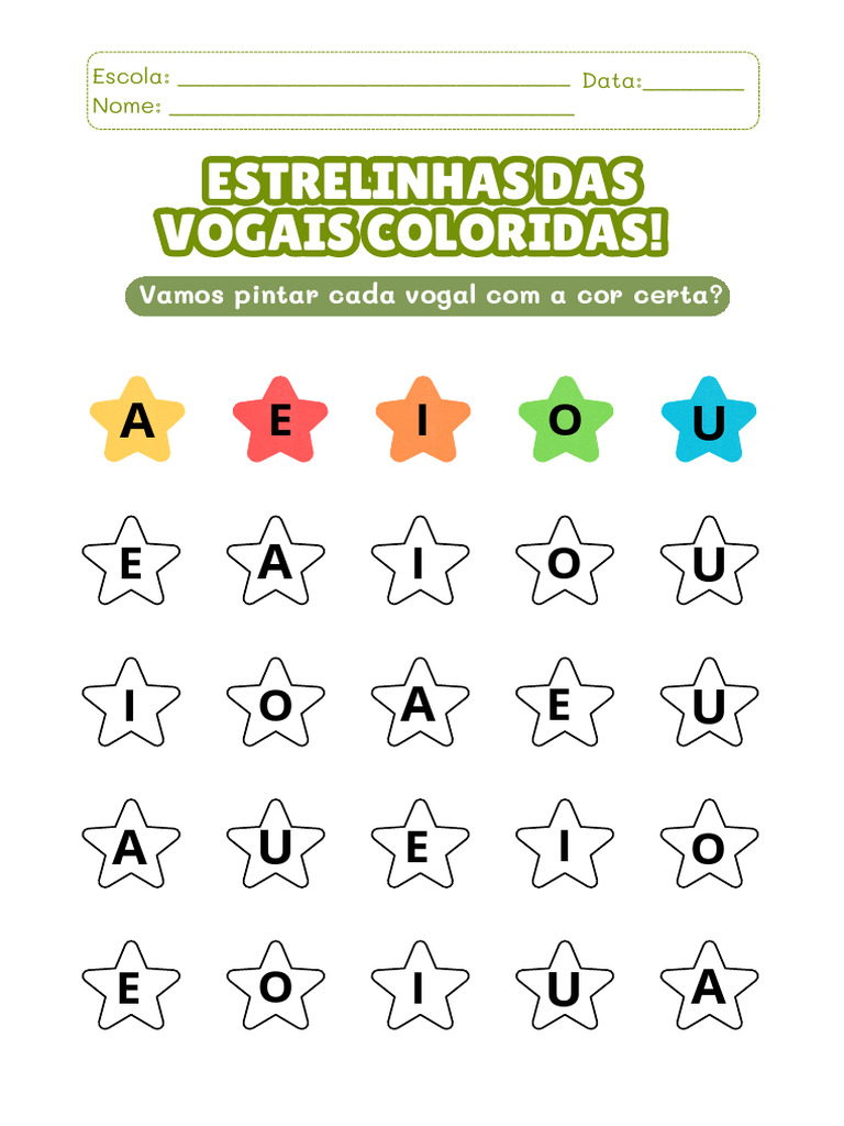 Pintando As Vogais Folha de Atividade Amarelo Azul Verde Infantil | PDF