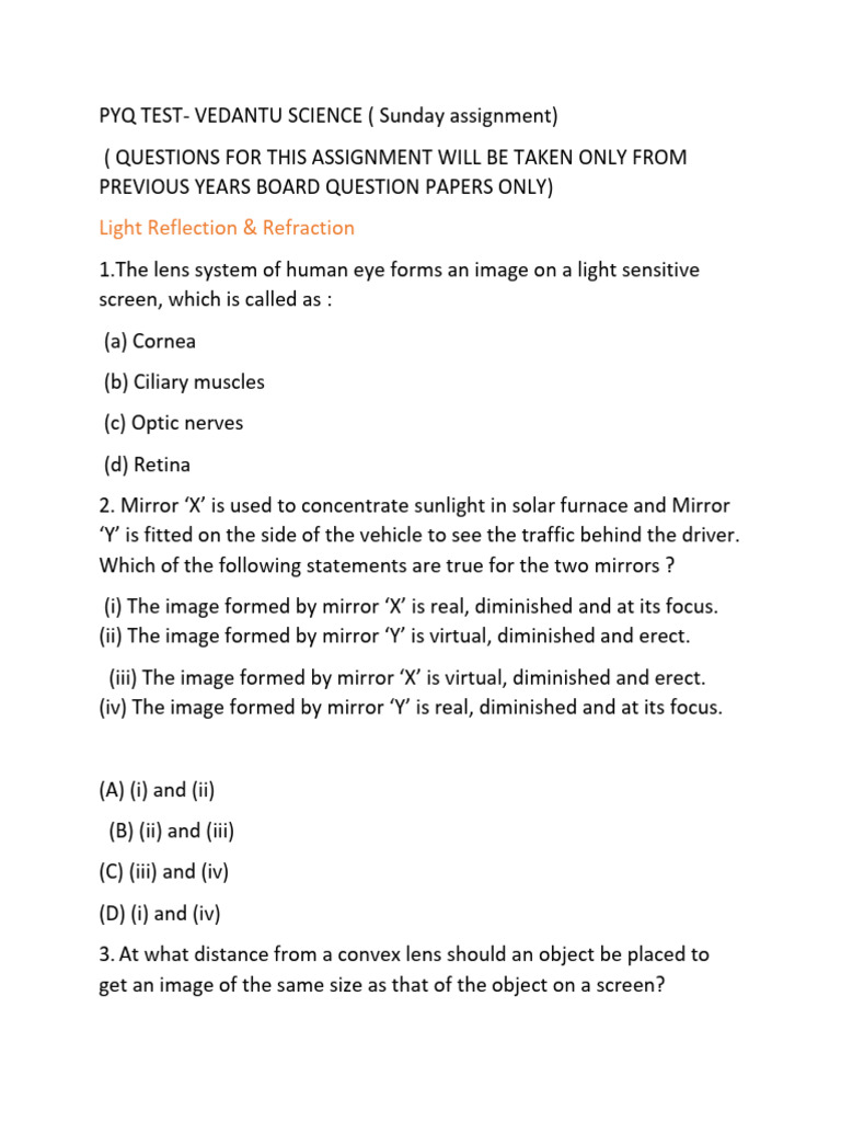 PYQ TEST - Light & Human Eye | PDF | Light | Optics