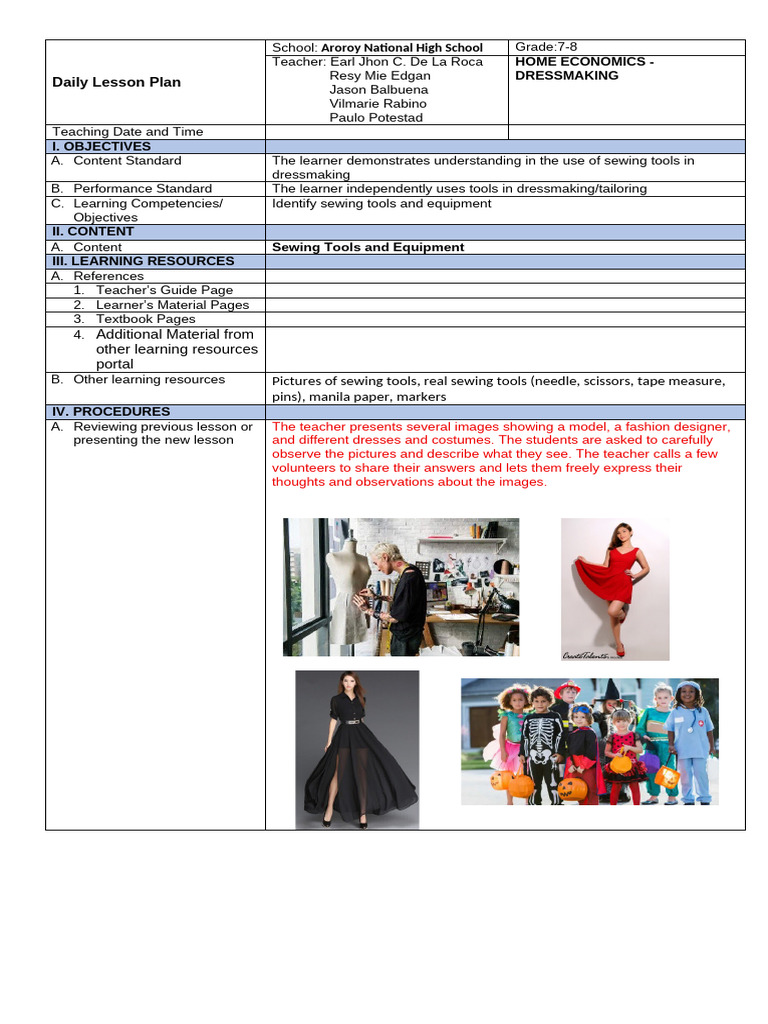 GROUP 1 Edited Lesson Plan | PDF | Sewing | Learning
