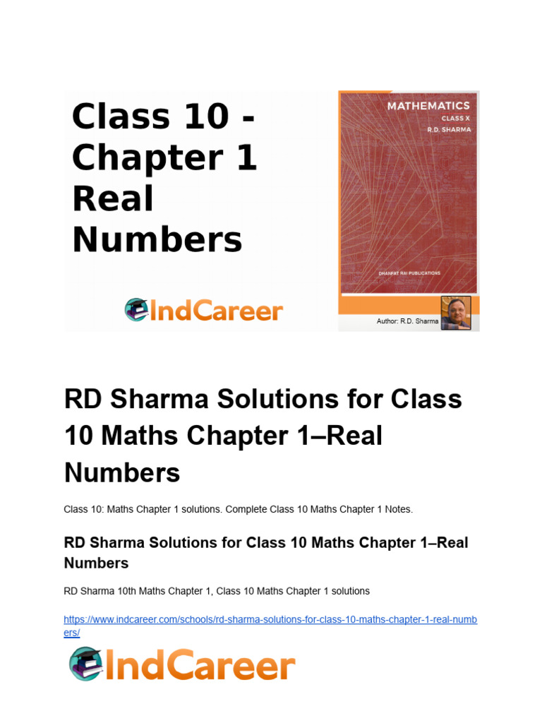 RD Sharma Solutions For Class 10 Maths Chapter 1-Real Numbers 1 | PDF ...
