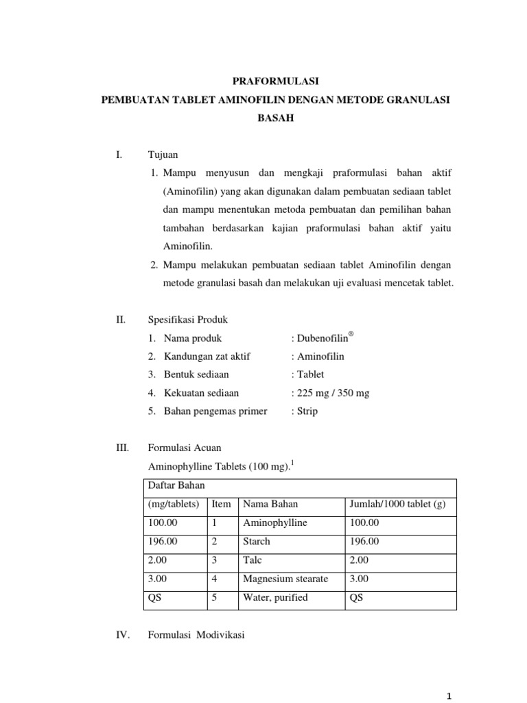 Praformulasi Tablet Aminofilin Granulasi Basah