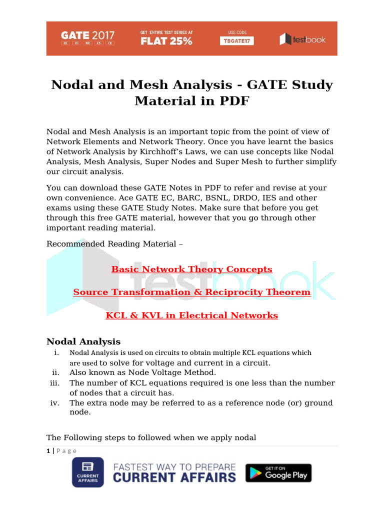 Nodal and Mesh Analysis GATE Study Material in PDF | PDF | Electrical ...