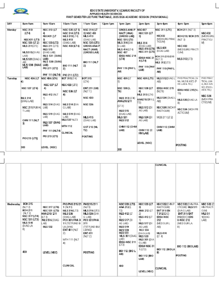 Fahs. First Semester Lect Timetable 2025-2026-1 - Phoenix | PDF
