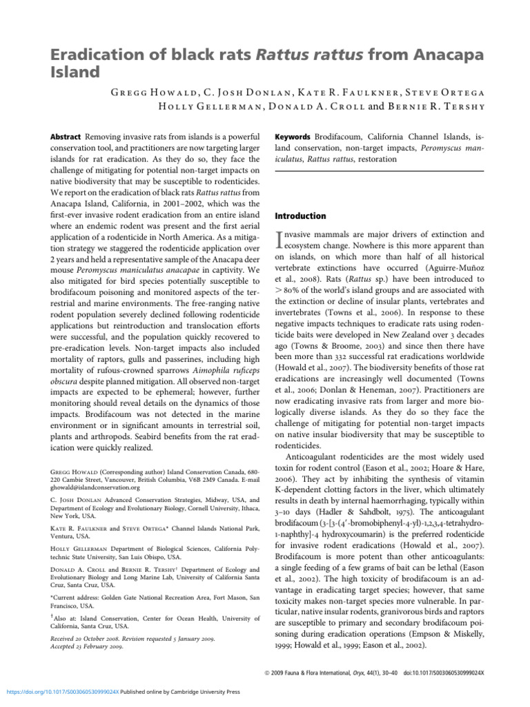 Eradication of Black Rats Rattus Rattus From Anacapa Island | PDF ...