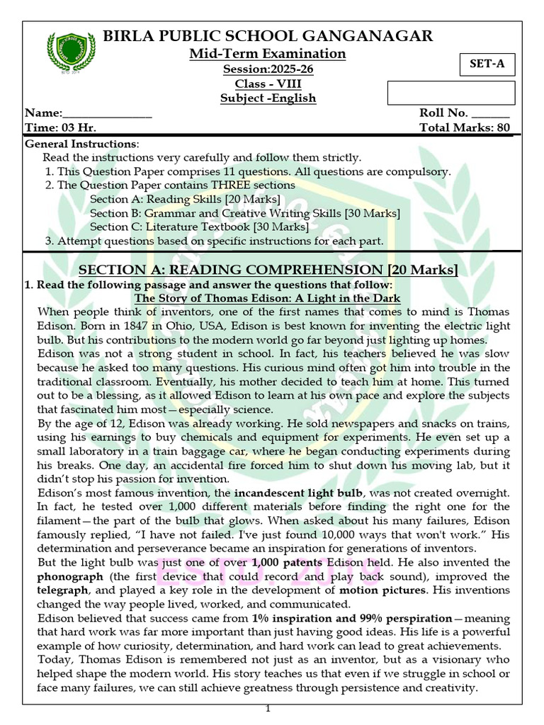 Gr.8 English Sample Paper 2025-26 | PDF