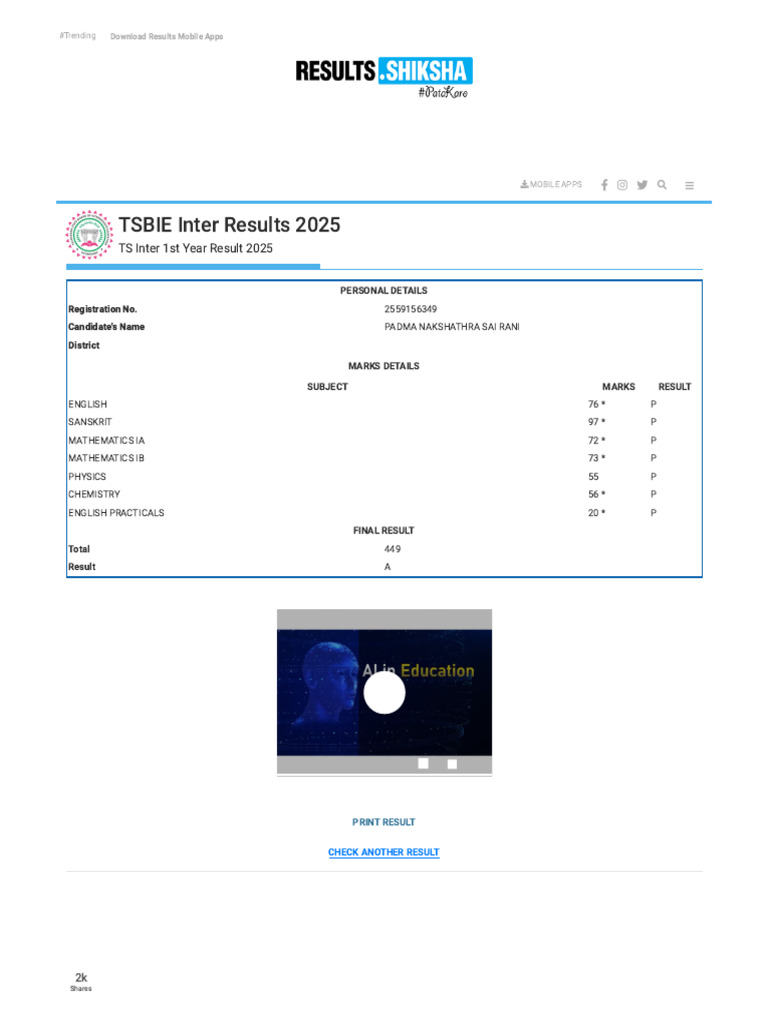 Your Marksheet - Ts Inter 1st Year Result 2025 | PDF