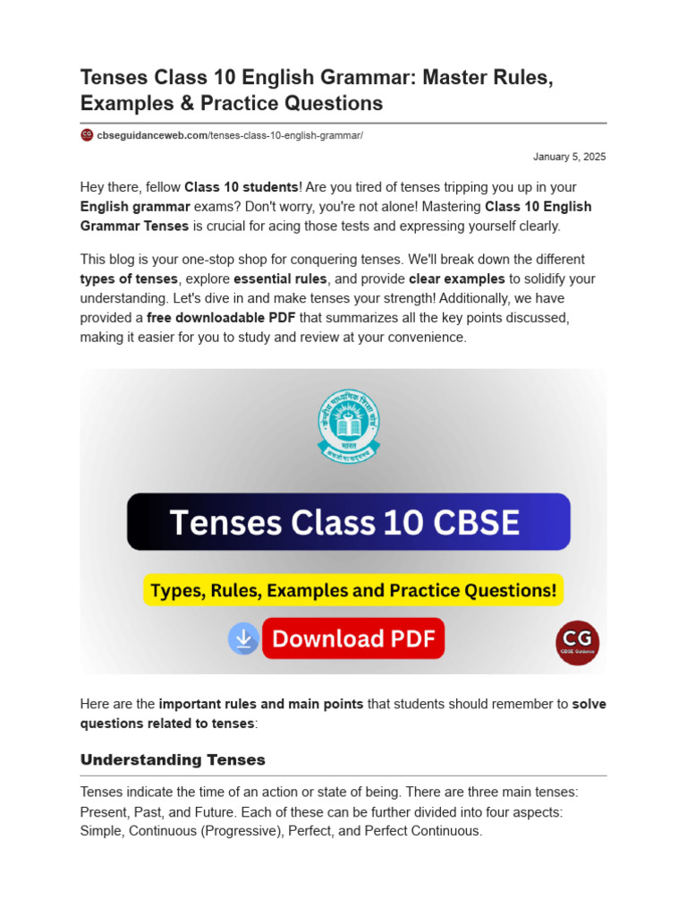 Tenses Class 10 English Grammar Master Rules Examples Practice ...