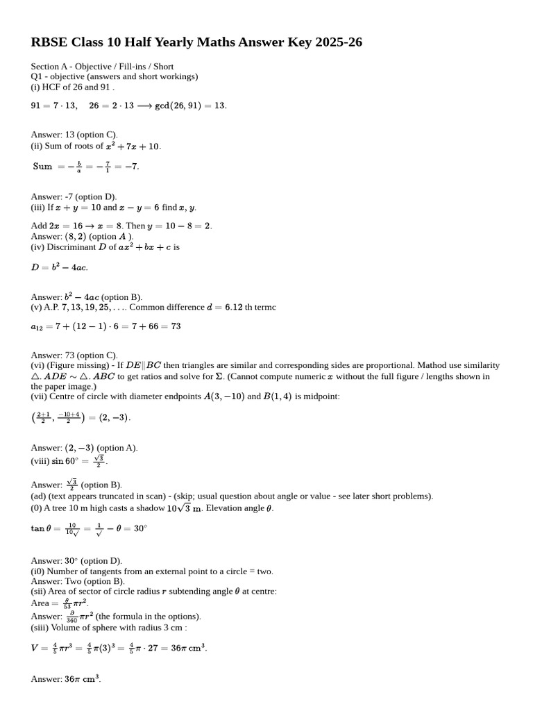 RBSE Class 10 Half Yearly Maths Answer Key 2025-26-1766762318404 | PDF ...