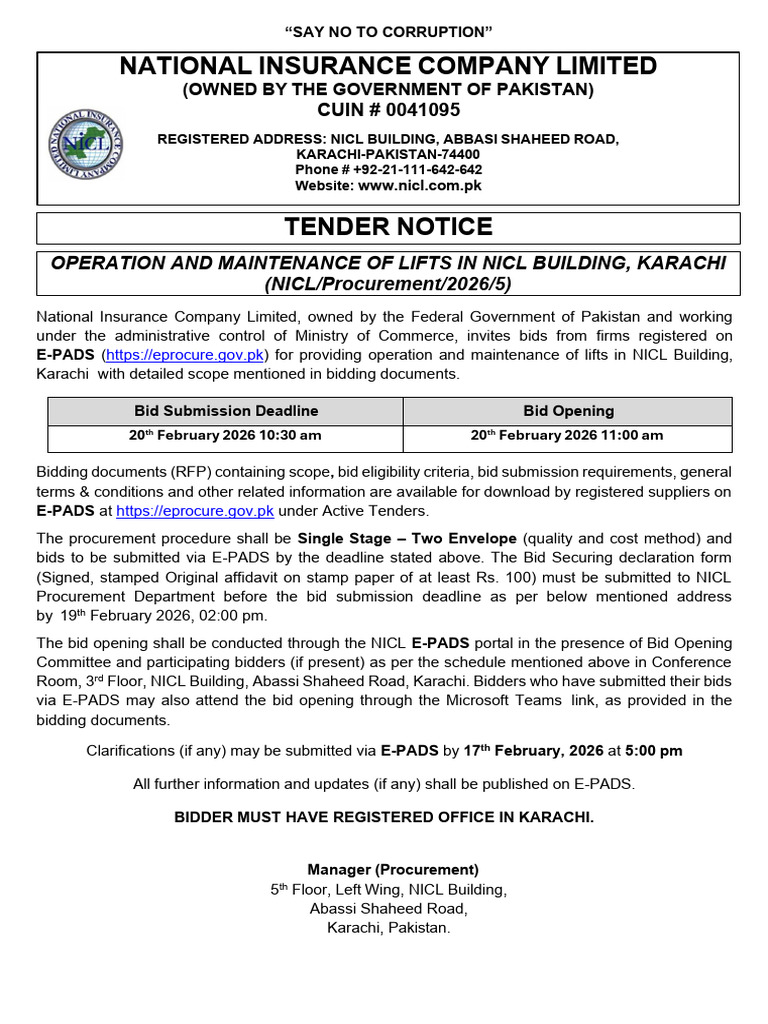 Tender Notice For Operation and Maintenance of Lifts in NICL Building ...
