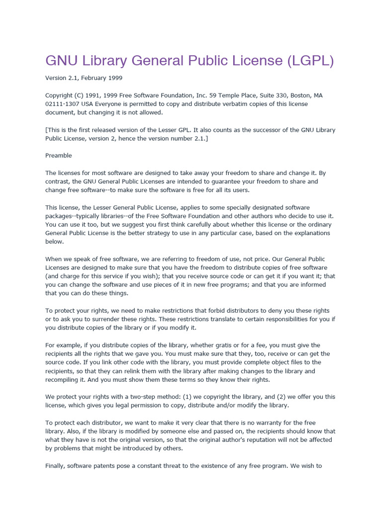 GNU Library General Public License v2.1 | PDF | Library (Computing ...