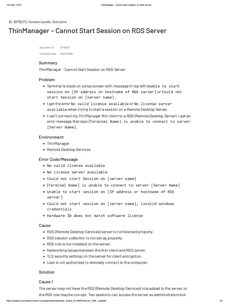 ThinManager - Cannot Start Session On RDS Server | PDF