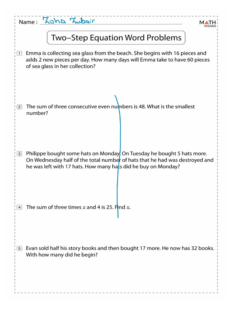 2 Step Equations Word Problems Worksheets With Answers | PDF