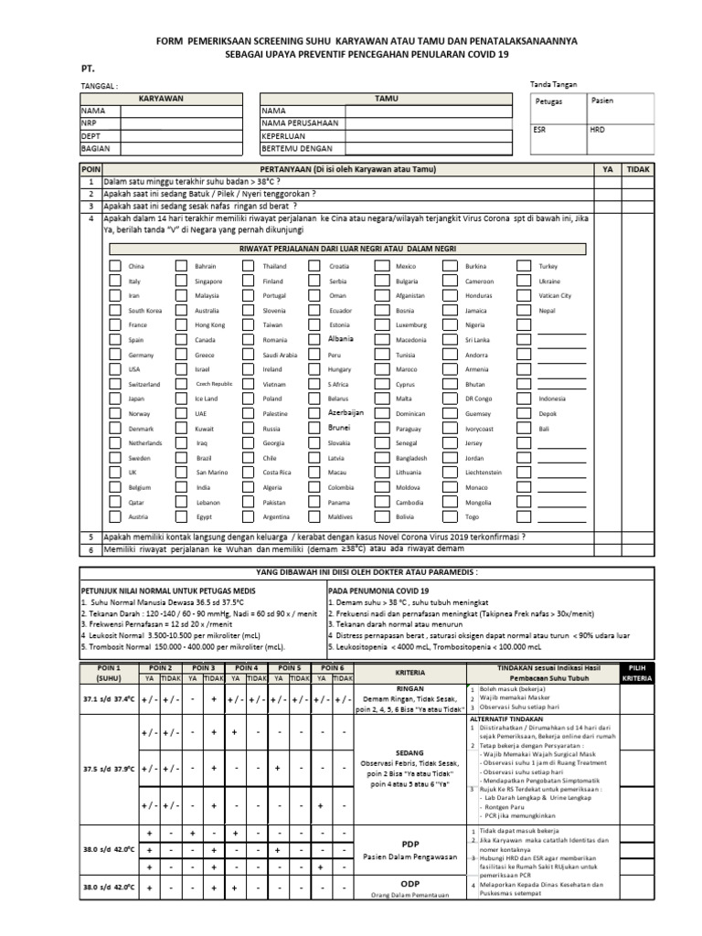 Form Screening Suhu Pada Karyawan Atau Tamu Dan Penatalaksanaan Covid ...