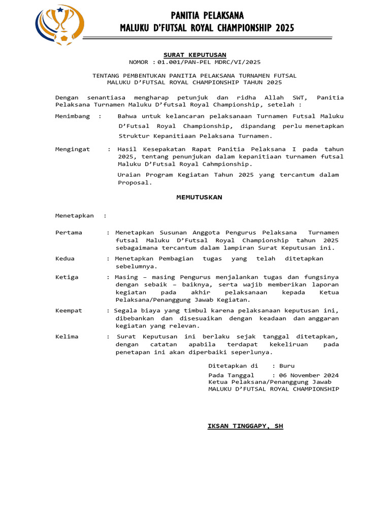 Surat Keputusan Panitia MDRC | PDF