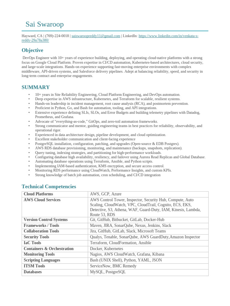 Venkatasaiswaroop Cloud Engineer Resume | PDF | Cloud Computing ...