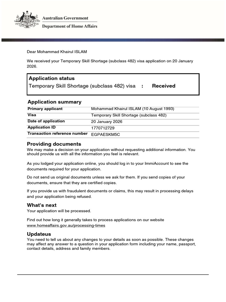 IMMI Acknowledgement of Application Received 1 | PDF