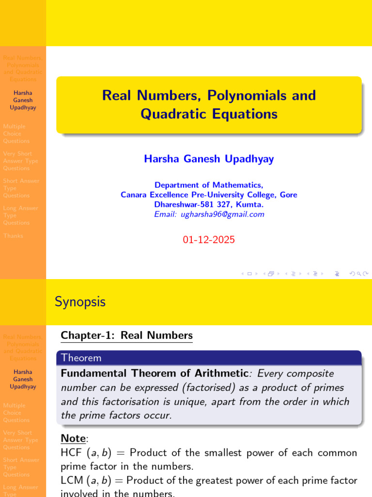 01 Real Numbers, Polynomials and Quadratic Equations | PDF ...