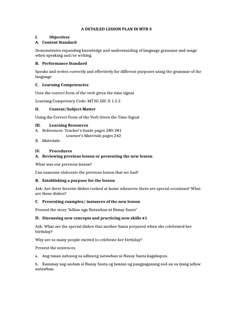 MTB Tamdanan Sa Oras A Detailed Lesson Plan in MTB 3 Done | PDF ...