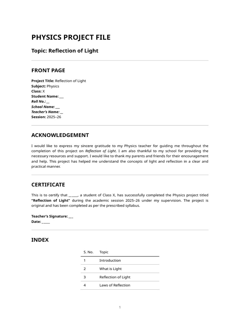 Physics Project - Reflection of Light | PDF | Reflection (Physics) | Mirror