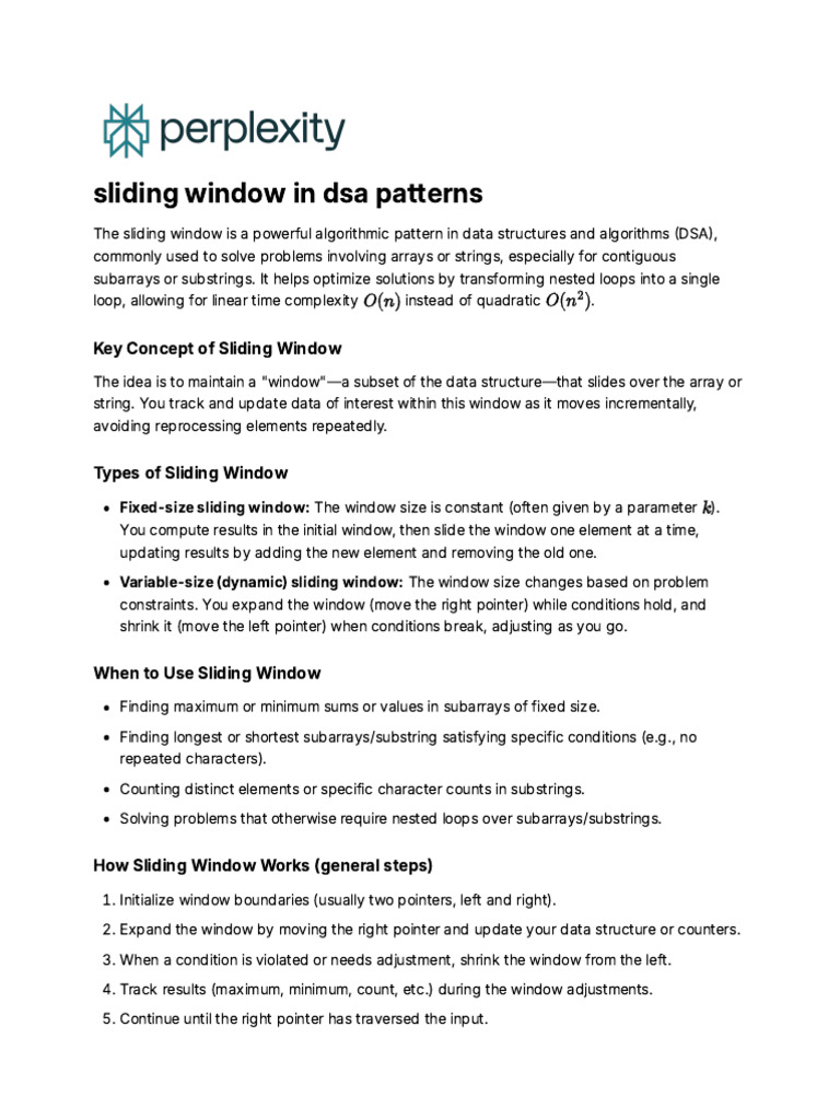Sliding Window in Dsa Patterns | PDF | Time Complexity | Pointer ...