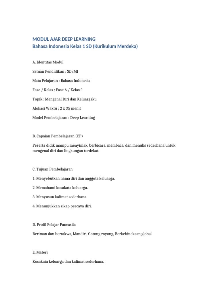 Modul Ajar Deep Learning Bahasa Indonesia Kelas 1 | PDF