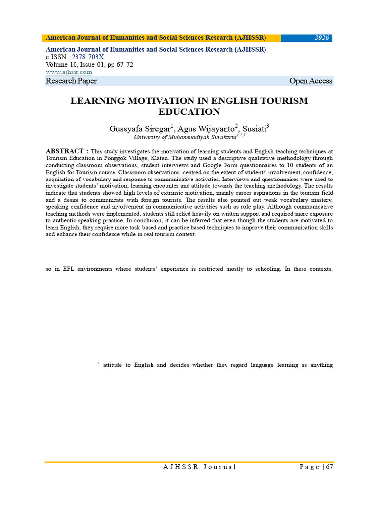 Learning Motivation in English Tourism Education | PDF | Learning ...