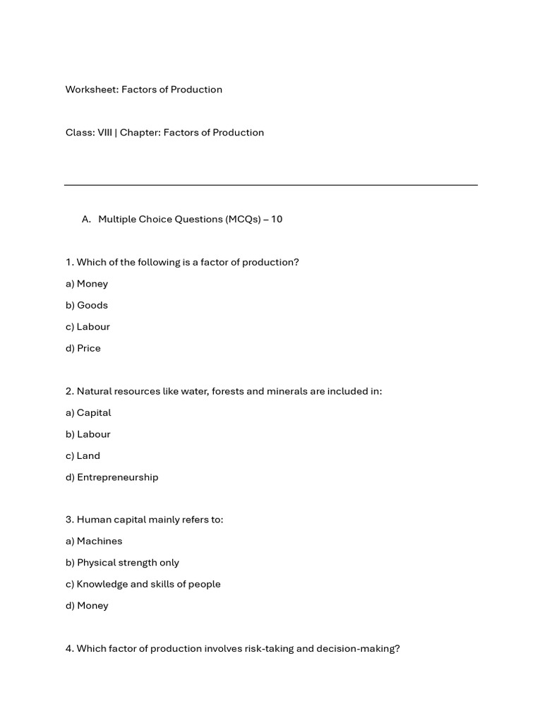 SST Worksheet Factor of Production | PDF | Factors Of Production ...