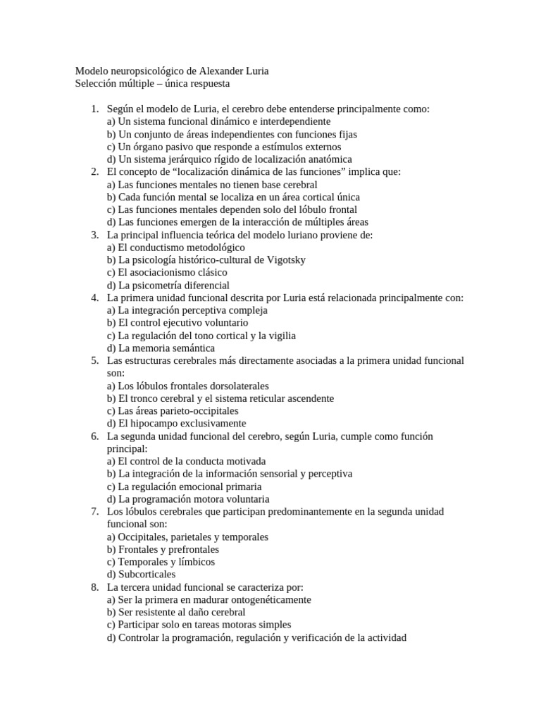 Modelo Neuropsicológico de Alexander Luria CUESTIONARIO | PDF ...