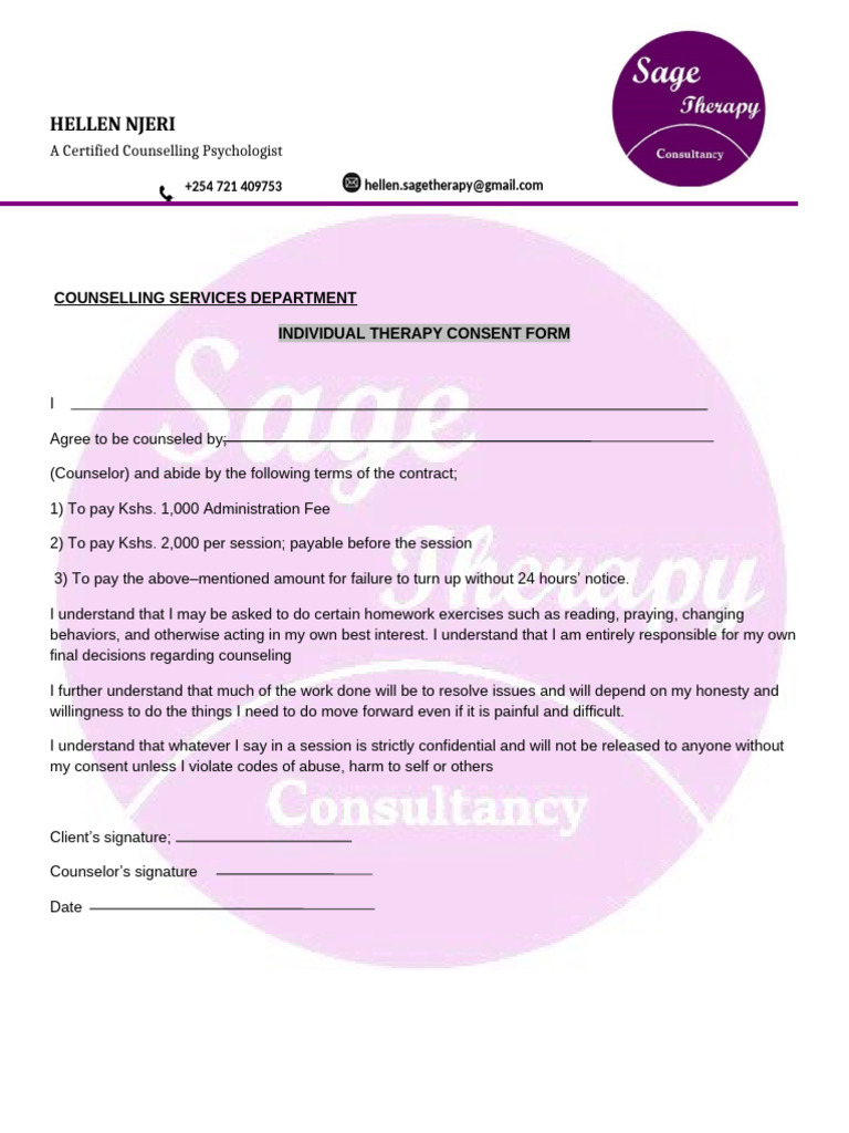 Individual Consent Form Sage Therapy | PDF | Anxiety | Psychology