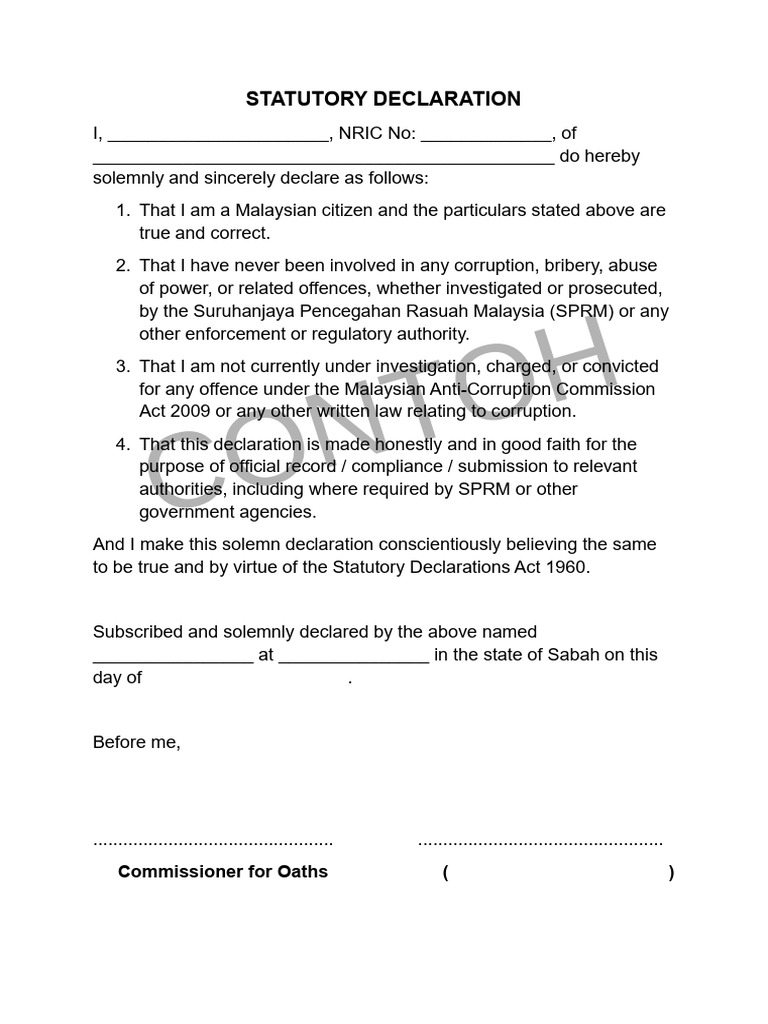 Statutory Declaration (SPRM) | PDF