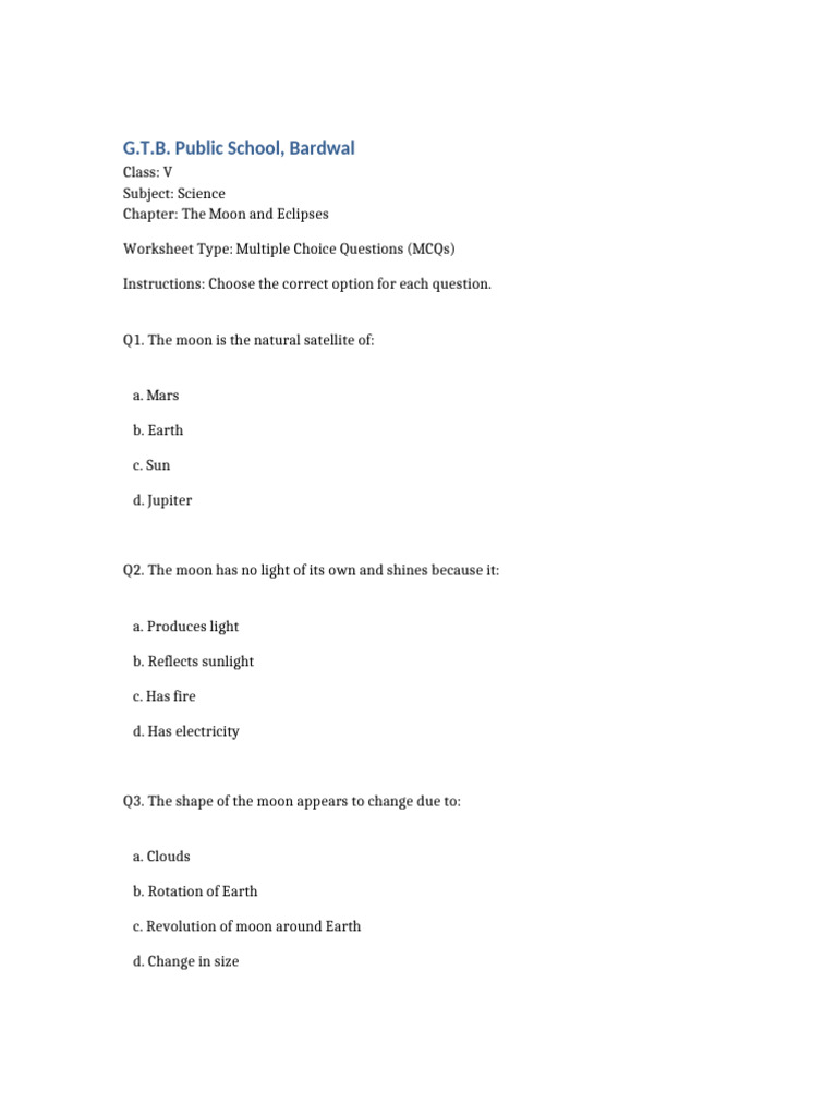 Class 5 MCQ Worksheet The Moon and Eclipses | PDF | Moon | Eclipse