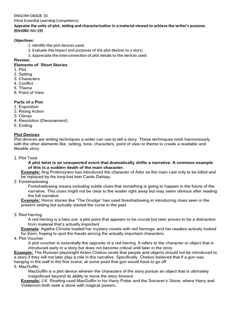 English Grade 10 Plot Devices | PDF | Plot (Narrative) | Literary Theory