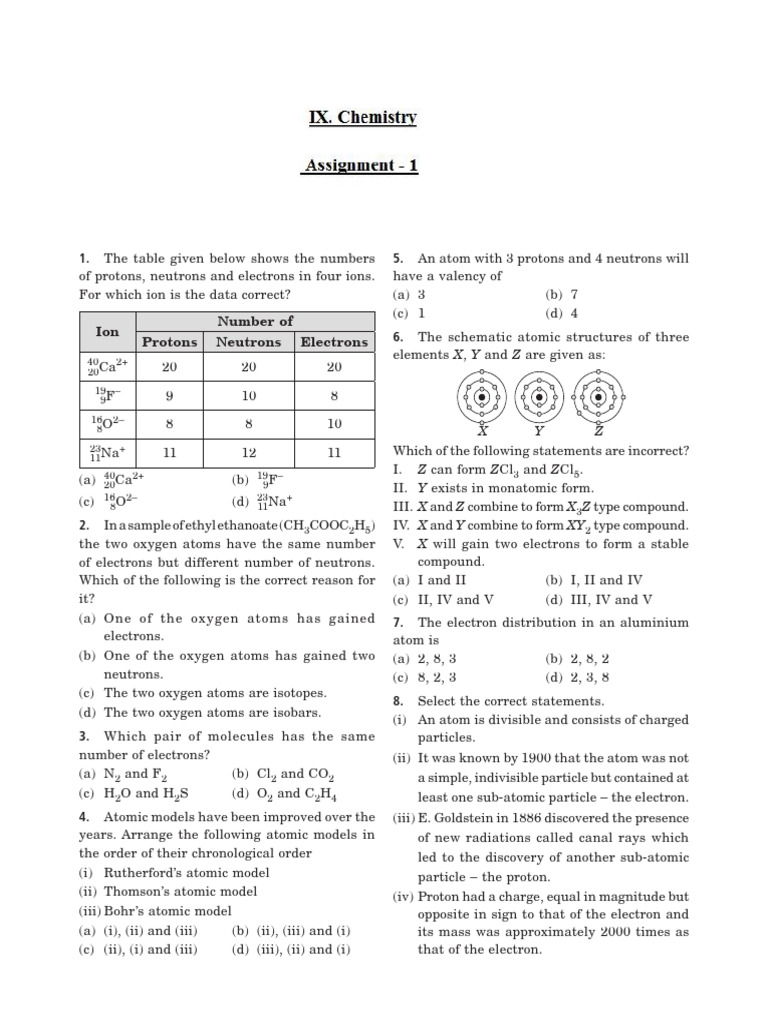 Assignment 1 Chemistry 9th | PDF | Atoms | Ion