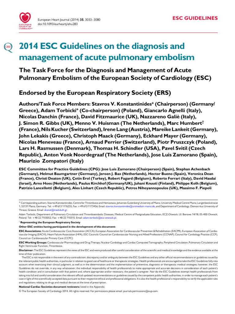 ESC Guidelines On TH Diagnosis and Managemente of Acute Pulmonary ...