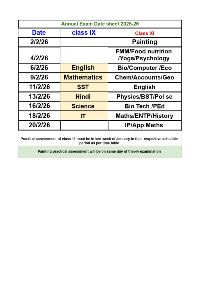 Annual Exam Date Sheet Class 9 and 11 | PDF