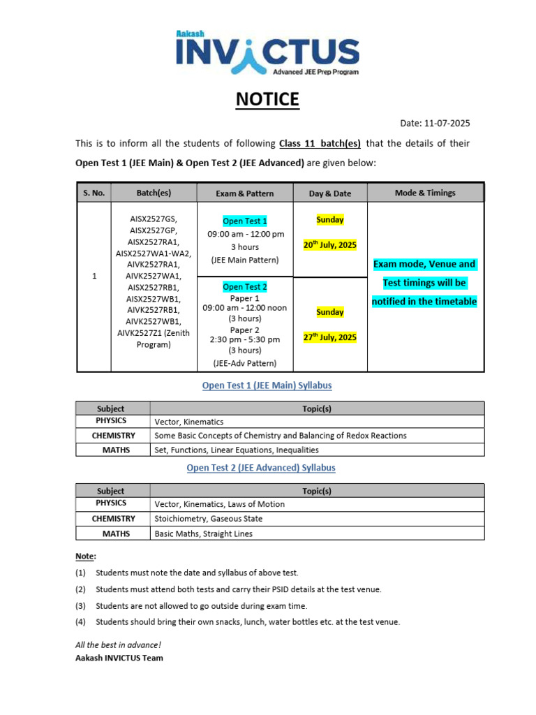 Open Test Notice-XI (2527 All Batches) - 20 & 27.7.25 | PDF